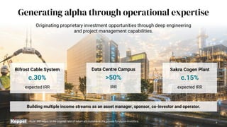 Generating alpha through operational expertise
Originating proprietary investment opportunities through deep engineering
and project management capabilities.
Bifrost Cable System
c.30%
expected IRR
Data Centre Campus
>50%
IRR
Sakra Cogen Plant
c.15%
expected IRR
Building multiple income streams as an asset manager, sponsor, co-investor and operator.
Note: IRR refers to the internal rate of return attributable to the private funds/co-investors. 4
 