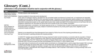44
Glossary (Cont.)
Term Definition
Data Centre Portfolio’s
Gross Power Capacity
Includes projects under development.
Data Centre Powerbank Capacity available for future data centre development.
Dry Powder Gross value of investment capacity, calculated from the uninvested capital commitments of private funds, co-investments and separately
managed accounts (SMAs), adjusted for their associated leverage. It represents the total deployable capital available for new investments,
including both committed but not yet drawn investor capital and any additional borrowing capacity under fund-level leverage arrangements.
Note that for development projects, as the capital calls are piece-meal, capital committed for the developments but not yet drawn will not be
available for deployment into new deals and hence will not be included as part of Dry Powder computation.
EBITDA Profit before depreciation, amortisation, net interest expense and tax i.e. it includes share of results of associates and joint ventures.
Equity Multiple (for
divested deals by
private growth equity
funds since 2002)
Presented based on average of the equity multiple of investments divested by the private growth equity funds, weighted by each
investment’s equity contribution.
Fee-to-FUM Ratio Defined as annualised/full year Asset Management Fees divided by FUM at the end of the reporting period/financial year.
Free Cash Flow Net cash from/used in operating activities and investing activities.
1H 2025 FCF includes approximately $218m financing component funded via bank borrowing in connection with the acquisition of Global
Marine Group (“GMG”), which is presented as cash inflow from financing activities in the financial statements. The inclusion herein is for
better understanding of the FCF. Following the completion of Keppel Infrastructure Trust’s subscription of a 46.7% equity stake in GMG on 25
November 2025, the bank borrowing has been deconsolidated from the Group’s FY 2025’s balance sheet.
Funds under
Management (FUM)
Gross asset value of investments and uninvested capital commitments on a leveraged basis is used to project fully-invested FUM. Leverage
is defined as total debt over gross asset value. For the private funds, the typical leverage is not more than 60% on a portfolio basis. It
includes 100% of FUM managed by subsidiary managers, joint ventures and associated entities, as well as share of FUM based on
shareholding stake in associate with which Keppel has strategic alliance. FUM is reported in SGD based on closing exchange rates at the
end of the reporting period.
(Information in this presentation should be read in conjunction with this glossary.)
 