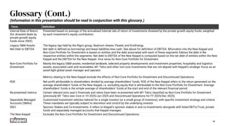 46
Glossary (Cont.)
Term Definition
Internal Rate of Return
(for divested deals by
private growth equity
funds since 2002)
Presented based on average of the annualised internal rate of return of investments divested by the private growth equity funds, weighted
by each investment’s equity contribution.
Legacy O&M Assets The legacy rigs held by the Rigco group, Seatrium shares, Floatel, and KrisEnergy.
Net Debt to EBITDA Net debt is defined as borrowings and lease liabilities less cash. See above for definition of EBITDA. Bifurcation into the New Keppel and
Non-Core Portfolio for Divestment is based on entities and the debt associated with each of these segments follows the debt in the
respective entities within the segments. Net debt to EBITDA of the New Keppel is computed based on the net debt of entities within the New
Keppel and the EBITDA for the New Keppel. Vice versa for Non-Core Portfolio for Divestment.
Non-Core Portfolio for
Divestment
Mainly the legacy O&M assets, residential landbank, selected property developments and investment properties, hospitality and logistics
assets, associated cash and receivables, M1 Telco and other non-core investments that are not aligned with Keppel’s strategic focus as an
asset-light global asset manager and operator.
Metrics relating to the New Keppel exclude the effects of Non-Core Portfolio for Divestment and Discontinued Operations.
ROE Net profit attributable to shareholders divided by average shareholders’ funds. ROE of the New Keppel refers to the return generated on the
average shareholders’ funds of the New Keppel, i.e. excluding equity that is attributable to the Non-Core Portfolio for Divestment. Average
shareholders’ funds is the simple average of shareholders’ funds at the start and end of the relevant financial period.
Re-presented metrics Certain relevant prior year’s financials and ratios have been re-presented with M1 Telco classified as Non-Core Portfolio for Divestment
(previously M1 Telco was Core in 1H 2025/Jun 2025 and Discontinued Operations for FY 2025/Dec 2025).
Separately Managed
Accounts (SMAs)
Customized investment vehicles tailored for a single investor (or a small group of investors), with specific investment strategy and criteria.
These mandates are typically subject to discretion and control by the underlying investor.
SSCI Sponsor Stakes and Co-Investments. It refers to Keppel’s sponsor stakes in and co-investments alongside with listed REITs/Trust, private
funds and separately managed accounts that Keppel manages.
The New Keppel Excludes the Non-Core Portfolio for Divestment and Discontinued Operations.
(Information in this presentation should be read in conjunction with this glossary.)
 