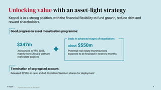 © Keppel 4
$347m
Announced in YTD 2025,
mainly from China & Vietnam
real estate projects
about $550m
Potential real estate monetisations
expected to be finalised in next few months
Good progress in asset monetisation programme:
Termination of segregated account:
i Figures were as at 31 Mar 2025.
Unlocking value with an asset-light strategy
Keppel is in a strong position, with the financial flexibility to fund growth, reduce debt and
reward shareholders.
Released $291m in cash and 63.36 million Seatrium shares for deploymenti
Deals in advanced stages of negotiations
 