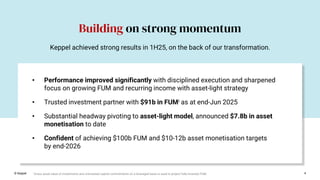 4
Building on strong momentum
© Keppel
• Performance improved significantly with disciplined execution and sharpened
focus on growing FUM and recurring income with asset-light strategy
• Trusted investment partner with $91b in FUMi as at end-Jun 2025
• Substantial headway pivoting to asset-light model, announced $7.8b in asset
monetisation to date
• Confident of achieving $100b FUM and $10-12b asset monetisation targets
by end-2026
Keppel achieved strong results in 1H25, on the back of our transformation.
i Gross asset value of investments and uninvested capital commitments on a leveraged basis is used to project fully-invested FUM.
 