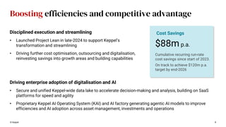 © Keppel 8
Boosting efficiencies and competitive advantage
Driving enterprise adoption of digitalisation and AI
• Secure and unified Keppel-wide data lake to accelerate decision-making and analysis, building on SaaS
platforms for speed and agility
• Proprietary Keppel AI Operating System (KAI) and AI factory generating agentic AI models to improve
efficiencies and AI adoption across asset management, investments and operations
$88m p.a.
Cost Savings
Cumulative recurring run-rate
cost savings since start of 2023.
On track to achieve $120m p.a.
target by end-2026
Disciplined execution and streamlining
• Launched Project Lean in late-2024 to support Keppel’s
transformation and streamlining
• Driving further cost optimisation, outsourcing and digitalisation,
reinvesting savings into growth areas and building capabilities
 