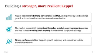 © Keppel 10
Building a stronger, more resilient Keppel
Keppel has delivered strong performance in 9M25, underpinned by solid earnings
growth and continued momentum in asset monetisation
The market increasingly recognises Keppel as a global asset manager & operator
and has started re-rating the Company as we execute our growth strategy
Strong confidence in New Keppel’s growth trajectory and committed to total
shareholder returns
 