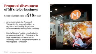 • Aims to complete the Proposed
Transaction by year-end, subject to
regulatory approval by Singapore’s
Infocomm Media Development Authority
• Liberty Wireless’ mobile virtual network
arrangements with M1 - Outcome of the
legal proceedings not expected to
adversely affect or delay the completion of
the Proposed Transaction
8
Keppel to unlock close to $1bin cashi
Proposed divestment
of M1’s telco business
© Keppel i The final amount is subject to completion adjustments.
 