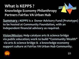 What is KEPPS ?
Knowledge Economy Philanthropy
Partners Fairfax VA Urban Hub
Summary : KEPPS is a Donor Advisory Fund (Prototype)
to be hosted at Community Foundation, with an
independent financial advisory as required.
Vision/Mission: Help catalyze arts & science bridge
via public education; work to build “Community Wealth”
via arts & science bridge & a knowledge economy
support culture at Fairfax VA Urban Hub Community.
01
 