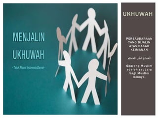 PERSAUDARAAN
YANG DIJALIN
ATAS DASAR
KEIMANAN
‫ا‬ ‫و‬ ُ‫خ‬‫ا‬‫أ‬ ُ‫م‬ِ‫ل‬ْ‫س‬ُ‫م‬ْ‫ل‬‫ا‬‫ا‬ِ‫م‬ِ‫ل‬ْ‫س‬ُ‫م‬ْ‫ل‬
Seorang Muslim
adalah saudara
bagi Muslim
lainnya.
UKHUWAH
 