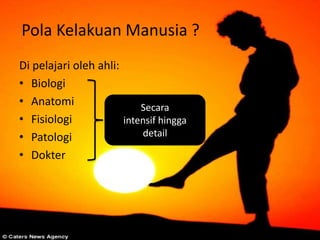 Pola Kelakuan Manusia ?
Di pelajari oleh ahli:
• Biologi
• Anatomi
Secara
• Fisiologi
intensif hingga
detail
• Patologi
• Dokter

 