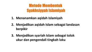 Metode Membentuk
              Syakhsiyyah Islamiyah
    1. Menanamkan aqidah Islamiyah
    2. Menjadikan aqidah Islam sebagai landasan
       berpikir
    3. Menjadikan syariah Islam sebagai tolok
       ukur dan pengendali tingkah laku
 
 
