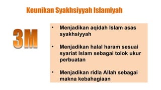 Keunikan Syakhsiyyah Islamiyah

       •   Menjadikan aqidah Islam asas
           syakhsiyyah

       •   Menjadikan halal haram sesuai
           syariat Islam sebagai tolok ukur
           perbuatan

       •   Menjadikan ridla Allah sebagai
           makna kebahagiaan
 