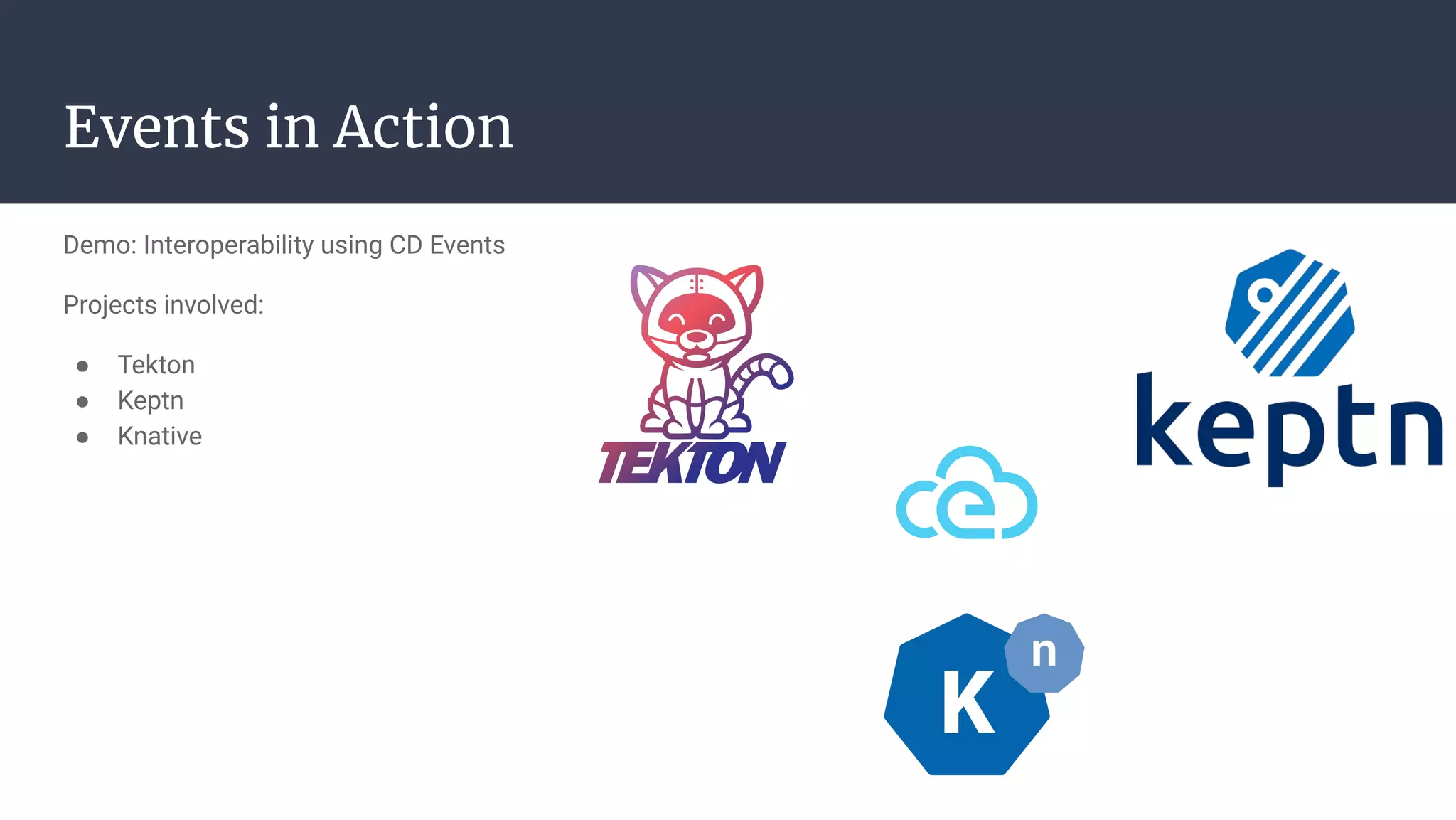 Demo: Interoperability using CD Events
Projects involved:
● Tekton
● Keptn
● Knative
Events in Action
 