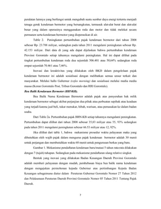 peralatan lainnya yang berfungsi untuk mengubah suatu sumber daya energi tertentu menjadi 
tenaga gerak kenderaan bermotor yang bersangkutan, termasuk alat-alat berat dan alat-alat 
besar yang dalam operasinya menggunakan roda dan motor dan tidak melekat secara 
permanen serta kenderaan bermotor yang dioperasikan di air. 
Table 2. Peningkatan pertumbuhan pajak kenderaan bermotor dari tahun 2008 
sebesar Rp. 23.788 miliyar, sedangkan pada tahun 2011 mengalami peningkatan sebesar Rp. 
42.153 miliyar. Dari data di yang ada dapat dijelaskan bahwa pertumbahan kenderaan 
Provinsi Gorontalo setiap tahunnya mengalami peningkatan. Hal ini dapat dilihat pada 
tingkat pertumbuhan kenderaan roda dua sejumlah 506.401 atau 50,64% sedangkan roda 
empat sejumlah 70.461 atau 7,46%. 
Inovasi dan kreaktivitas yang dilakukan oleh BKD dalam pengelolaan pajak 
kenderaan bermotor ini adalah sosialisasi dengan melibatkan semua unsur terkait dan 
masyarakat. Melalui hallo Gubernur (cofee morning) dan sosialisasi melalui media media 
massa (Koran Gorontalo Post, Tribun Gorontalo dan RRI Gorontalo). 
Bea Balik Kendaraan Bermotor (BBNKB). 
Bea Balik Nama Kenderaan Bermotor adalah pajak atas penyerahan hak milik 
kenderaan bermotor sebagai akibat perjanjian dua pihak atau perbuatan sepihak atau keadaan 
yang terjadi karena jual beli, tukar menukar, hibah, warisan, atau pemasukan ke dalam badan 
usaha. 
Dari Table 2a. Pertumbuhan pajak BBN-KB setiap tahunnya mengalami peningkatan. 
Pertumbuhan dapat dilihat dari tahun 2008 sebesar 35,83 miliyar atau 55, 93% sedangkan 
pada tahun 2011 mengalami peningkatan sebesar 66.53 miliyar atau 12, 92%. 
Jika dilihat dari table 1, bahwa mekanisme prosedur waktu pelayanan maka yang 
dibutuhkan oleh wajib pajak dalam mengurus pajak kenderaan bermotor adalah 30 menit 
untuk perjangan dan membutuhkan waktu 60 menit untuk pengurusan berkas yang baru. 
Gambar 1. Mekanisme pendaftaran kenderaan baru/mutasi 5 tahun rata-rata dilakukan 
dengan 7 (tujuh) tahapan. Sedangkan pada mekanisme pendaftaran ulang relative singkat. 
Bentuk yang inovasi yang dilakukan Badan Keuangan Daerah Provinsi Gorontalo 
adalah memberi pelayanan dengan mudah, pembebasan biaya bea balik nama kenderaan 
dengan mengajukan permohonan kepada Gubernur atas pertimbangan Kepala Badan 
Keuangan sebagaimana diatur dalam Peraturan Gubernur Gorontalo Nomor 27 Tahun 2012 
dan Pelaksanaan Peraturan Daerah Provinsi Gorontalo Nomor 05 Tahun 2011 Tentang Pajak 
Daerah. 
7 
 