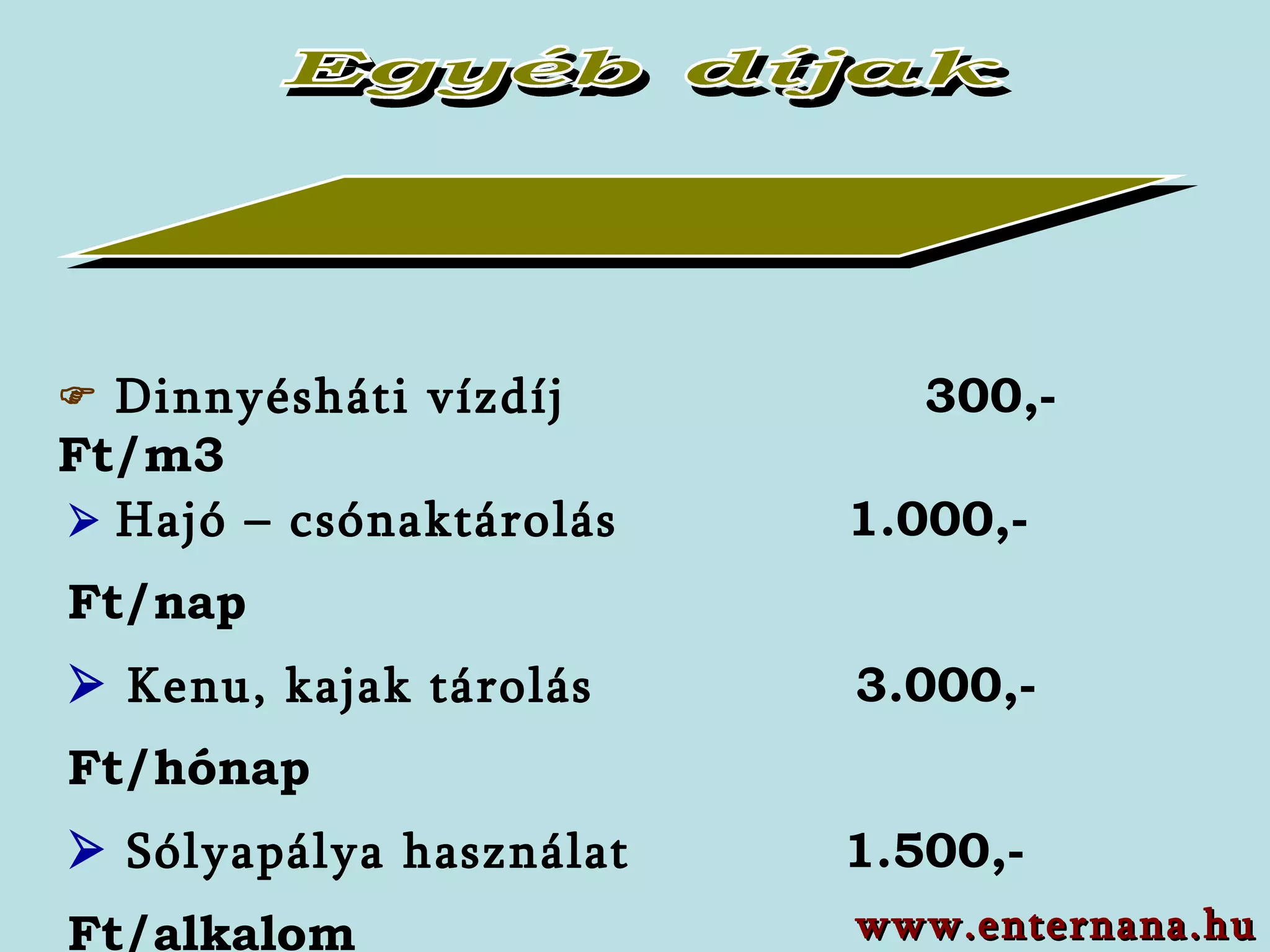 Egyéb díjak    Dinnyésháti vízdíj  300,-Ft/m3    Hajó – csónaktárolás  1.000,-Ft/nap   Kenu, kajak tárolás  3.000,-Ft/hónap   Sólyapálya használat  1.500,-Ft/alkalom   Sólyapálya bérlet (éves)  8.500,-Ft    Áramhasználati díj   500,-Ft/nap www.enternana.hu 