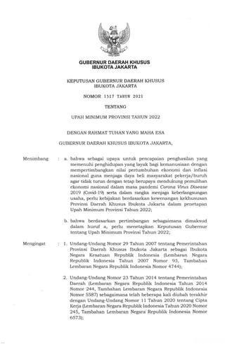 Kepgub DKI Jakarta Nomor 1517 Tahun 2021 tentang UMP 2022
