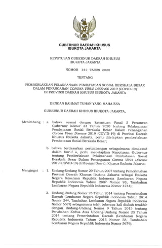 Keputusan Gubernur DKI Jakarta No 380 Tahun 2020 tentang PSBB