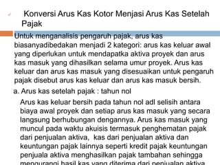  Konversi Arus Kas Kotor Menjasi Arus Kas Setelah
Pajak
Untuk menganalisis pengaruh pajak, arus kas
biasanyadibedakan menjadi 2 kategori: arus kas keluar awal
yang diperlukan untuk mendapatka aktiva proyek dan arus
kas masuk yang dihasilkan selama umur proyek. Arus kas
keluar dan arus kas masuk yang disesuaikan untuk pengaruh
pajak disebut arus kas keluar dan arus kas masuk bersih.
a. Arus kas setelah pajak : tahun nol
Arus kas keluar bersih pada tahun nol adl selisih antara
biaya awal proyek dan setiap arus kas masuk yang secara
langsung berhubungan dengannya. Arus kas masuk yang
muncul pada waktu akuisis termasuk penghematan pajak
dari penjualan aktiva, kas dari penjualan aktiva dan
keuntungan pajak lainnya seperti kredit pajak keuntungan
penjuala aktiva menghasilkan pajak tambahan sehingga
 
