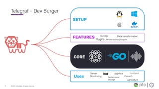 © 2022 InﬂuxData. All rights reserved.
11
Telegraf - Dev Burger
FEATURES
CORE
Conﬁgs
Minimal memory footprint
Data transfo...