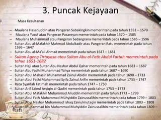 3. Puncak Kejayaan
Masa Kesultanan
– Maulana Hasanuddin atau Pangeran Sabakingkin memerintah pada tahun 1552 – 1570
– Maulana Yusuf atau Pangeran Pasareyan memerintah pada tahun 1570 – 1585
– Maulana Muhammad atau Pangeran Sedangrana memerintah pada tahun 1585 – 1596
– Sultan Abu al-Mafakhir Mahmud Abdulkadir atau Pangeran Ratu memerintah pada tahun
1596 – 1647
– Sultan Abu al-Ma’ali Ahmad memerintah pada tahun 1647 – 1651
– Sultan Ageng Tirtayasa atau Sultan Abu al-Fath Abdul Fattah memerintah pada
tahun 1651-1682
– Sultan Haji atau Sultan Abu Nashar Abdul Qahar memerintah pada tahun 1683 – 1687
– Sultan Abu Fadhl Muhammad Yahya memerintah pada tahun 1687 – 1690
– Sultan Abul Mahasin Muhammad Zainul Abidin memerintah pada tahun 1690 – 1733
– Sultan Abul Fathi Muhammad Syifa Zainul Arifin memerintah pada tahun 1733 – 1747
– Ratu Syarifah Fatimah memerintah pada tahun 1747 – 1750
– Sultan Arif Zainul Asyiqin al-Qadiri memerintah pada tahun 1753 – 1773
– Sultan Abul Mafakhir Muhammad Aliuddin memerintah pada tahun 1773 – 1799
– Sultan Abul Fath Muhammad Muhyiddin Zainussalihin memerintah pada tahun 1799 – 1803
– Sultan Abul Nashar Muhammad Ishaq Zainulmutaqin memerintah pada tahun 1803 – 1808
– Sultan Muhammad bin Muhammad Muhyiddin Zainussalihin memerintah pada tahun 1809 –
1813
 