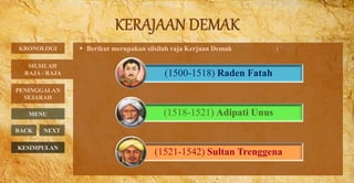  Berikut merupakan silsilah raja Kerjaan Demak :KRONOLOGI
PENINGGALAN
SEJARAH
MENU
BACK NEXT
SILSILAH
RAJA - RAJA
KESIMPULAN
(1500-1518) Raden Fatah
(1518-1521) Adipati Unus
(1521-1542) Sultan Trenggena
 