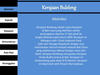 Abstraksi
Kerajaan Buleleng adalah suatu kerajaan
di Bali utara yang didirikan sekitar
pertengahan abad ke-17 dan jatuh ke...