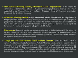 • New Suraksha Housing Scheme, schemes of SC & ST departments- In this scheme the
construction cost of one house is taken as Rs.1,00,000/- (having a plinth area of 30m2). The pattern
suggested is as follows: Share of beneficiary Rs.25,000/- Share of Voluntary organization
Rs.50,000/- Govt. Subsidy Rs.25,000/-
• Fishermen Housing Scheme- National Fishermen Welfare Fund Assisted Housing Scheme is
the programme is meant for providing housing to fishermen under the model village development
programme. The unit cost per house is Rs. 50000/-.The State Government have enhanced the unit
cost to Rs 2 lakh and is given to the beneficiary as 100% grant. The beneficiaries are registered
fishermen. The implementing agency is Department of Fisheries.
• Bhavanasree- is a micro housing loan programme initiated by Kudumbashree with the support of
banking institutions. The target group under this scheme comprises people who were members of
Kudumbashree NHGs across the state. Loan amount was issued for construction of a new house and
for repair and maintenance of existing house.
• Asraya and MN Lakshamveedu Punar Nirmana Padhathi- under the scheme , which is
named "M.N.Laksham Veedu Punarnirmana Padhathi" financial assistance for the reconstruction of
dilapidated twin houses into single units and reconstruction of single houses, is being implemented
through the Board. The Government subsidy will be 75,000/- for General Category, 1,00,000 for SC
Category and Rs.1,25,000/- for ST category. 50% of the subsidy amount will be given by Kerala State
Housing Board and the balance amount shall be met by the Local Self Government Departments.
 