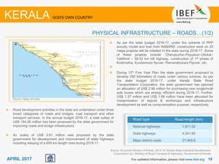 1919APRIL 2017 For updated information, please visit www.ibef.org
Road development activities in the state are undertaken under three
broad categories of roads and bridges, road transport and other
transport services. In the annual budget 2016-17, a total outlay of
US$ 184.26 million has been proposed by the state government for
improving roads and bridge infrastructure.
An outlay of US$ 3.81 million was proposed by the state
government for development and improvement of state highways
including relaying of a 600 km length road during 2016-17.
As per the state budget 2016-17, under the scheme of PPP
annuity model and loan from NABARD, construction work on 20
mega projects will be initiated in the state during 2016-17. Some
of these projects include: Cherupuzha–Payyavur–Ulickal–
Vallithod – 59.42 km hill highway, construction of 1st phase of
Kodimatha, Kundannoor flyover, Ramanattukara Flyover, etc.
During 12th Five Year Plan the state government proposed to
develop 290 kilometers of roads under various scheme. As per
the state budget 2016-17, under Kerala State Road
Transportation Corporation, the state government has planned
an allocation of US$ 2.99 million for purchasing new single/multi
axle buses which are energy efficient during 2016-17. Further,
US$ 1.37 million and US$ 1.68 million have been allocated for
modernisation of depots & workshops and infrastructure
development as well as computerisation purpose, respectively.
Source: Economic Review of Kerala, 2014-15, Kerala State Industrial Development
Corporation Ltd.; Ministry of Road Transport & Highways, Government of Kerala
Road type Road length (km)
National highways 1,811.52
State highways 4,341.65
Major district roads 27,469.9
KERALA GOD'S OWN COUNTRY
PHYSICAL INFRASTRUCTURE – ROADS…(1/2)
Source: Maps of India
 