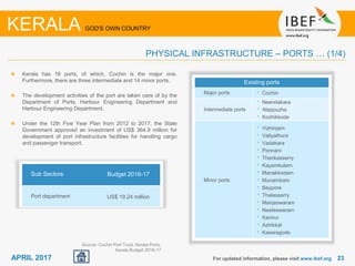 2323APRIL 2017
Kerala has 18 ports, of which, Cochin is the major one.
Furthermore, there are three intermediate and 14 minor ports.
The development activities of the port are taken care of by the
Department of Ports, Harbour Engineering Department and
Harbour Engineering Department.
Under the 12th Five Year Plan from 2012 to 2017, the State
Government approved an investment of US$ 364.9 million for
development of port infrastructure facilities for handling cargo
and passenger transport.
Source: Cochin Port Trust, Kerala Ports,
Kerala Budget 2016-17
For updated information, please visit www.ibef.org
PHYSICAL INFRASTRUCTURE – PORTS … (1/4)
KERALA GOD'S OWN COUNTRY
Existing ports
Major ports • Cochin
Intermediate ports
• Neendakara
• Alappuzha
• Kozhikkode
Minor ports
• Vizhinjam
• Valiyathura
• Vadakara
• Ponnani
• Thankasserry
• Kayamkulam
• Manakkodam
• Munambam
• Beypore
• Thalasserry
• Manjeswaram
• Neeleswaram
• Kannur
• Azhikkal
• Kasaragode
Sub Sectors Budget 2016-17
Port department US$ 19.24 million
 