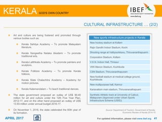 4141APRIL 2017
Art and culture are being fostered and promoted through
various bodies such as:
Kerala Sahitya Academy – To promote Malayalam
literature.
Kerala Sangeetha Nataka Akademi – To promote
traditional arts.
Kerala Lalithkala Academy – To promote painters and
sculptors.
Kerala Folklore Academy – To promote Kerala
folklore.
Kerala State Chalachitra Academy – Academy for
motion pictures.
Kerala Kalamandalam – To teach traditional dances.
The state government proposed an outlay of US$ 90.40
million for art and culture under the 12th Five Year Plan,
2012-17, and on the other hand proposed an outlay of US$
13.93 million under annual budget 2016-17.
On November 1, 2016, the state celebrated the 60th year of
its formation.
For updated information, please visit www.ibef.org
CULTURAL INFRASTRUCTURE … (2/2)
KERALA GOD'S OWN COUNTRY
New sports infrastructure projects in Kerala
New hockey stadium at Kollam
Rajiv Gandhi Indoor Stadium, Kochi
Shooting range at Vattiyoorkkavu, Thiruvananthapuarm
Corporation Stadium, Kollam
V.K.N. Indoor Hall, Thrissur
VKK Menon Stadium, Kozhikode
CSN Stadium, Thiruvananthapuram
New football stadium at medical college ground,
Kozhikkode
New multipurpose hall, Kannur
Kariavattom main stadium, Thiruvananathapuam
Synthetic Athletic track at University of Calicut,
Malapuram (Approved under Urban Sports
Infrastructure Scheme (USIS))
Source: Department of Tourism, Government of Kerala,
Economic Review of Kerala 2014-15
 