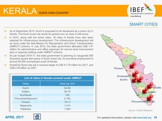 4545APRIL 2017 For updated information, please visit www.ibef.org
As of September 2015, Kochi is proposed to be developed as a smart city in
Kerala. The Kochi smart city would be spread over an area of 246 acres.
In 2015, along with the smart cities, 18 cities of Kerala have also been
selected for infrastructure development. The infrastructure development will
be done under the Atal Mission for Rejuvenation and Urban Transformation
(AMRUT) scheme. In July 2015, the state government allocated US$ 1.47
million for administrative and office expenses for service level improvement
plan or capacity building under AMRUT scheme.
As per budget 2016-17, the state government is planning to inaugurate 650
thousand square feet space in Kochi smart city, for providing employment to
around 90,000 unemployed youth of Kerala.
SmartCity Kochi has set a revenue target of US$ 41.79 million for 2017, and
US$ 2.40 billion by 2021
SMART CITIES
KERALA GOD'S OWN COUNTRY
Source: TechSci Research
Thiruvananthapuram
Kollam
Ernakulam
Thrissur
Kochin
Tiruvalla
List of cities in Kerala covered under AMRUT
Cities Area (sq. km)
Kochi 94.88
Kollam 58.18
Kozhikode 128
Thiruvananthapuram 2,192
Thrissur 101.4
Alappuzha 1,414
Palakkad 1,363
 