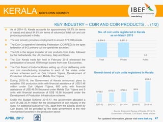 4747APRIL 2017
As of 2014-15, Kerala accounts for approximately 51.7% (in terms
of value) and about 84.8% (in terms of volume) of total coir and coir
products produced in India.
The coir industry provides employment to around 375,000 people.
The Coir Co-operative Marketing Federation (COIRFED) is the apex
federation of 842 primary coir co-operatives societies.
The US is the largest importer of coir products from India, followed
by the Netherlands, the UK, Germany, Italy and Spain.
The Coir Kerala trade fair held in February 2015 witnessed the
participation of around 170 foreign buyers from over 53 countries.
The Coir Board of India facilitates setting up of coir defibering units
and coir manufacturing industries in each of the states under
various schemes such as Coir Udyami Yojana, Development of
Production Infrastructure and Mahila Coir Yojana.
During 2015-16, the Government of Kerala announced plans to
establish 150 production units with financial assistance of US$ 0.48
million under Coir Udyami Yojana, 600 units with financial
assistance of US$ 49.76 thousand under Mahila Coir Yojana and 5
units with financial assistance of US$ 16.58 thousand under the
Development of Production Infrastructure scheme.
Under the Budget Scheme 2016-17, the government allocated a
sum of US$ 35.44 million for the development of coir industry in the
state. An additional subsidy of 10%, apart from the subsidy given by
Coir Board, will be provided by the state government to the new
mechanised factories in the production sector.
For updated information, please visit www.ibef.org
KEY INDUSTRY – COIR AND COIR PRODUCTS … (1/2)
KERALA GOD'S OWN COUNTRY
Source: Economic Review of Kerala, 2014-15,
Government of Kerala, Coir Board, News articles
Growth trend of coir units registered in Kerala
8,814.0 8,811.0
3.0
Total Private Public
No. of coir units registered in Kerala
as on March 2015
8744.0 8773.0 8790.0 8814
9108.0
2011-12 2012-13 2013-14 2014-15 2015-16
 