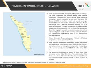For updated information, please visit www.ibef.orgKERALA19
PHYSICAL INFRASTRUCTURE – RAILWAYS
Source: Economic Review of Kerala, 2014-15, Kerala State Industrial Development Corporation Ltd, Government of Kerala, State Budget
Source: Maps of India
 Kerala is well connected to other parts of the country via railways.
The State Government has appointed Kerala State Industrial
Development Corporation Ltd (KSIDC) as the nodal agency for
developing a project to establish a north-south High-speed Rail
Corridor (HSRC) to facilitate smooth and speedy passenger
movement between various cities and towns in the state. As per
state budget 2016-17, the state government approved US$ 10.88
billion for constructing a 570-km corridor from Thiruvananthapuram
to Kasaragod. As per budget 2017-18, the Kerala Rail Development
Corporation is going to undertake construction work of nine rail lines
and detailed project reports of Thiruvananthapuram Light Metro for
US$ 654.84 million and Kozhikode Metro for US$ 389.43 million
have been prepared.
 Railway divisions in Thiruvananthapuram, Palakkad and Madurai
jointly carry out railway operations in Kerala.
 Under the major infrastructure development projects, for ongoing
and new projects, including Kochi Metro, Suburban Rail Corridor,
and various others, the state government provided these projects
with a common pooled amount of US$ 387.42 million during 2016-
17.
 The government announced the launch of Kochi Metro Rail’s
commercial services of the 13-km Aluva-Palarivattom section of the
27-km Line-1. Over 600 women from the ‘Kudumbasree Mission’
have been employed & trained for smooth run of the 1st phase of
the metro.
 