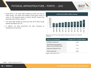 For updated information, please visit www.ibef.orgKERALA22
PHYSICAL INFRASTRUCTURE – PORTS … (2/4)
 During 2016-17, the cargo traffic handled by Cochin port was 25
million tonnes. The Cochin Port handled 12.078 million tonnes of
crude oil, 816 thousand tonnes of cement 491,087 Twenty Foot
Equivalent Units (TEUs) in 2016-17.
 The cargo traffic handled by Cochin port was 29.14 million tonnes
between April-March 2017-18.
 In addition, the state government has been focussing on
development of minor ports.
Source: Cochin Port Trust, News articles, Economic Survey 2014-15, India Port
Association
Ports to be developed Budget 2017-18 (US$ million)
Vizhinjam cargo port 3.42
Thankassery, Munambam,
Beypur and Azheekkal ports
7.16
Alappuzha Mareena Port 1.14
Other small ports 0.62
Cochin port traffic (million tonnes)
15.80
15.20
17.40
17.90
20.10
19.80
20.90
21.60
22.09
25.00
29.14
0.0
5.0
10.0
15.0
20.0
25.0
30.0
35.0
2007-08
2008-09
2009-10
2010-11
2011-12
2012-13
2013-14
2014-15
2015-16
2016-17
2017-18*
Source: State Budget 2016-17
Source: * - between April-March 2017-18
 