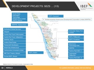 For updated information, please visit www.ibef.orgKERALA32
DEVELOPMENT PROJECTS: SEZS … (1/3)
Source: Ministry of Commerce & Industry, Government of India,
Sutherland Global Services
Infopark
Cochin Port Trust, Puthuvypeen
Cochin Port Trust, Vallapadom
KINFRA, Kochi
Unitech Real Estate
Parsavnath Developers
Smart City Infrastructure
Carborundum Universal Limited
MM Tech Towers, Alwaye
Emmar MGF, Alwaye
Electronics
Technology Park
KINFRA
Techno Park SEZ - I
Technopark
Pallipuram
Techno Park SEZ - II
KINFRA, Kakkancherry
KSITI, Pallipuram
KSITI, Purakkad
 Kerala Industrial Infrastructure Development Corporation Limited (KINFRA)
KSITI, Kasargod
Kerala State
Information
Technology
Infrastructure Limited
(KSITI), Kannur
Hindustan News Print
Limited
KSITI, Kollam
 