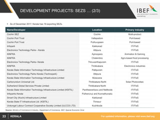 For updated information, please visit www.ibef.orgKERALA33
DEVELOPMENT PROJECTS: SEZS … (2/3)
Source: Ministry of Commerce & Industry, Department of Commerce, SEZ: Special Economic Zone
 As of December 2017, Kerala has 19 exporting SEZs.
Name/Developer Location Primary industry
Cochin SEZ Cochin Multi-product
Cochin Port Trust Vallapadom Port-based
Cochin Port Trust Puthuvypeen Port-based
Infopark Kakkanad IT/ITeS
Electronics Technology Parks - Kerala Attipura IT/ITeS
KINFRA Ayiroopara Animation & Gaming
KINFRA Chelembra Agro-based food processing
Electronics Technology Parks- Kerala Thiruvanthapuram IT/ITeS
KINFRA Thrikkakara Electronics industries
Kerala State Information Technology Infrastructure Limited Pallipuram IT/ITeS
Electronics Technology Parks Kerala (Technopark) Attipura IT/ITeS
Kerala State Information Technology Infrastructure Limited Mulavana IT/ITeS
Carborundum Universal Ltd. Thrikkakara North Solar Photovoltaic
Sutherland Global Services Private Limited Thrikkakara North IT/ITeS
Kerala State Information Technology Infrastructure Limited (KSITIL) Pantheerankavu and Nellikode IT/ITeS
Infoparks Kerala Puthencruz and Kunnathunadu IT/ITeS
Smart City (Kochi) Infrastructure Limited Kakkanad IT/ITeS
Kerala State IT Infrastructure Ltd. (KSITIL) Thrissur IT/ITeS
Uralungal Labour Contract Cooperative Society Limited (ULCCS LTD) Kozhikode IT/ITeS
 