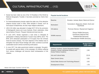 For updated information, please visit www.ibef.orgKERALA38
CULTURAL INFRASTRUCTURE … (1/2)
 Kerala has been rated as one of the 13 Paradises of the World by
National Geographic Traveller; it has been promoted as ‘God’s Own
Country’.
 Sri Padmanabhaswamy temple makes the state one of the attractive
religious tourism spots in India. Other temples in Kerala, such as
Guruvayoor & Sabarimala, are also major religious attractions.
 US4 2.32 million was allocated in budget 2017-18 for the promotion
of Nishagandhi dance and music festivals, Onam celebration, tribal
dance festival, Pooram, Theyyam festivals and boat race etc.
 In June 2015, Kerala organized a road show in Shanghai &
participated in Beijing International Tourism Expo (BITE) 2015. The
BITE 2015 witnessed participation of 70 buyers from the Chinese
travel & tourism industry. The main objective of the initiative was to
strengthen the Spice Route heritage with other countries & promote
sustainable tourism aimed at achieving world peace.
 In June 2017, the state government started a campaign ‘Anuyatra’,
for people with special needs. In this campaign, 23 children suffering
from various challenges will become brand ambassadors of the
initiative.
Departments
Budget 2018-19
(US$ million)
Sahithya Academy, Kerala Sangeetha Nadaka
Academy, Kerala Lalithakala Academy and
Kerala Folklore Academy
2.46
Arts and Cultural fields 22.24
State Central Library 0.56
Kerala State Science and Technology Museum 2.63
Development of Zoos 1.78
Beaches Kovalam, Varkala, Marari, Bekal and Kannur
Backwaters
Kumarakom, Alappuzha, Kollam, Kochi and
Kozhikode
Hill stations Ponmudi, Munnar, Wyanad and Vagamon
Wildlife reserves
Periyar Wildlife Sanctuary,
Eraviikulam National Park,
Thattekad Bird Sanctuary
Parambikulam Wildlife Sanctuary
Popular tourist locations
Source: State budget, Converted 1USD=64.74Rs
 