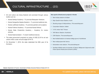For updated information, please visit www.ibef.orgKERALA39
CULTURAL INFRASTRUCTURE … (2/2)
 Art and culture are being fostered and promoted through various
bodies such as:
• Kerala Sahitya Academy – To promote Malayalam literature.
• Kerala Sangeetha Nataka Akademi – To promote traditional arts.
• Kerala Lalithkala Academy – To promote painters and sculptors.
• Kerala Folklore Academy – To promote Kerala folklore.
• Kerala State Chalachitra Academy – Academy for motion
pictures.
• Kerala Kalamandalam – To teach traditional dances.
 The state government proposed an outlay of US$ 22.24 for art and
culture million under annual budget 2018-19.
 On November 1, 2016, the state celebrated the 60th year of its
formation.
Source: Department of Tourism, Government of Kerala, Economic Review of Kerala 2014-15
New sports infrastructure projects in Kerala
 New hockey stadium at Kollam
 Rajiv Gandhi Indoor Stadium, Kochi
 Shooting range at Vattiyoorkkavu, Thiruvananthapuarm
 Corporation Stadium, Kollam
 V.K.N. Indoor Hall, Thrissur
 VKK Menon Stadium, Kozhikode
 CSN Stadium, Thiruvananthapuram
 New football stadium at medical college ground, Kozhikkode
 New multipurpose hall, Kannur
 Kariavattom main stadium, Thiruvananathapuam
 Synthetic Athletic track at University of Calicut, Malapuram (Approved under
Urban Sports Infrastructure Scheme (USIS))
 