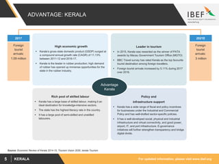 For updated information, please visit www.ibef.orgKERALA5
Advantage
Kerala
ADVANTAGE: KERALA
Leader in tourism
 In 2015, Kerala was rewarded as the winner of PATA
awards by Macau Government Tourism Office (MGTO)
 BBC Travel survey has rated Kerala as the top favourite
tourist destination among foreign travellers.
 Foreign tourist arrivals increased by 5.11% during 2017
over 2016.
Policy and
infrastructure support
 Kerala has a wide range of fiscal and policy incentives
for businesses under the Industrial and Commercial
Policy and has well-drafted sector-specific policies.
 It has a well-developed social, physical and industrial
infrastructure and virtual connectivity, and good power,
airport, IT, and port infrastructure. E-governance
initiatives will further strengthen transparency and bridge
digital divide.
Rich pool of skilled labour
 Kerala has a large base of skilled labour, making it an
ideal destination for knowledge-intensive sectors.
 The state has the highest literacy rate in the country.
 It has a large pool of semi-skilled and unskilled
labourers.
2017
Foreign
tourist
arrivals:
1.09 million
2021E
Foreign
tourist
arrivals:
3 million
High economic growth
 Kerala’s gross state domestic product (GSDP) surged at
a compound annual growth rate (CAGR) of 11.13%
between 2011-12 and 2016-17.
 Kerala is the leader in rubber production; high demand
of rubber has opened up immense opportunities for the
state in the rubber industry.
Source: Economic Review of Kerala 2014-15, Tourism Vision 2030, kerala Tourism
 