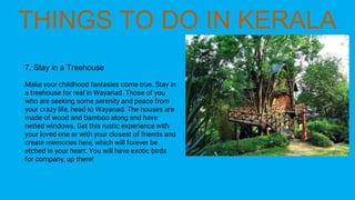 7. Stay in a Treehouse
Make your childhood fantasies come true. Stay in
a treehouse for real in Wayanad. Those of you
who are seeking some serenity and peace from
your crazy life, head to Wayanad. The houses are
made of wood and bamboo along and have
netted windows. Get this rustic experience with
your loved one or with your closest of friends and
create memories here, which will forever be
etched in your heart. You will have exotic birds
for company, up there!
 