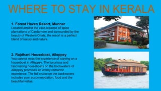 1. Forest Haven Resort, Munnar
Located amidst the vast expanse of spice
plantations of Cardamom and surrounded by the
beauty of Western Ghats, the resort is a perfect
blend of luxury and nature.
2. Rajdhani Houseboat, Alleppey
You cannot miss the experience of staying on a
houseboat in Alleppey. The luxurious and
fascinating houseboats on the backwaters of
Alleppey promises an utterly romantic
experience. The full cruise on the backwaters
includes your accommodation, food and the
beautiful vistas.
 