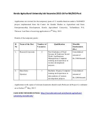 Kerala Agricultural University Job Vacancies 2015-16 For RA/DEO Post
Applications are invited for the temporary posts of 11 months duration under a NABARD
project implemented from the Centre for Gender Studies in Agriculture and Farm
Entrepreneurship Development, Kerala Agricultural University, Vellanikkara P.O,
Thrissur. Last Date of receiving application is 5
th
May, 2015.
Details of the temporary posts:
Sl Name of the Post Number of Qualification Monthly
No Vacancies Emoluments
(Rs.)
1. Research Associate 2 Post Graduates of Food Consolidated
Science & Nutrition/ Social
amount of
Work/ Agribusiness
Management, Computer Rs.15000/month
training and experience in
women development
projects.
2. Data Entry 1 Bachelor Degree, Computer Consolidated
Operator training and experience in amount of
data analysis of women
Rs.12000/month
development projects
Applications with copies of relevant documents should reach Professor & Project Co-ordinator
on or before 5
th
May, 2015
CLICK HERE FOR MORE DETAILS- http://recruitmentresult.com/kerala-agricultural-
university-recruitment/
 