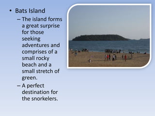 • Bats Island
– The island forms
a great surprise
for those
seeking
adventures and
comprises of a
small rocky
beach and a
small stretch of
green.
– A perfect
destination for
the snorkelers.
 