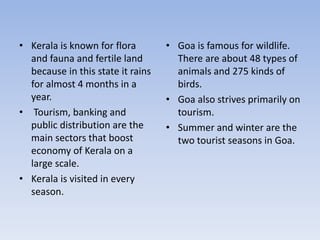 • Kerala is known for flora
and fauna and fertile land
because in this state it rains
for almost 4 months in a
year.
• Tourism, banking and
public distribution are the
main sectors that boost
economy of Kerala on a
large scale.
• Kerala is visited in every
season.
• Goa is famous for wildlife.
There are about 48 types of
animals and 275 kinds of
birds.
• Goa also strives primarily on
tourism.
• Summer and winter are the
two tourist seasons in Goa.
 