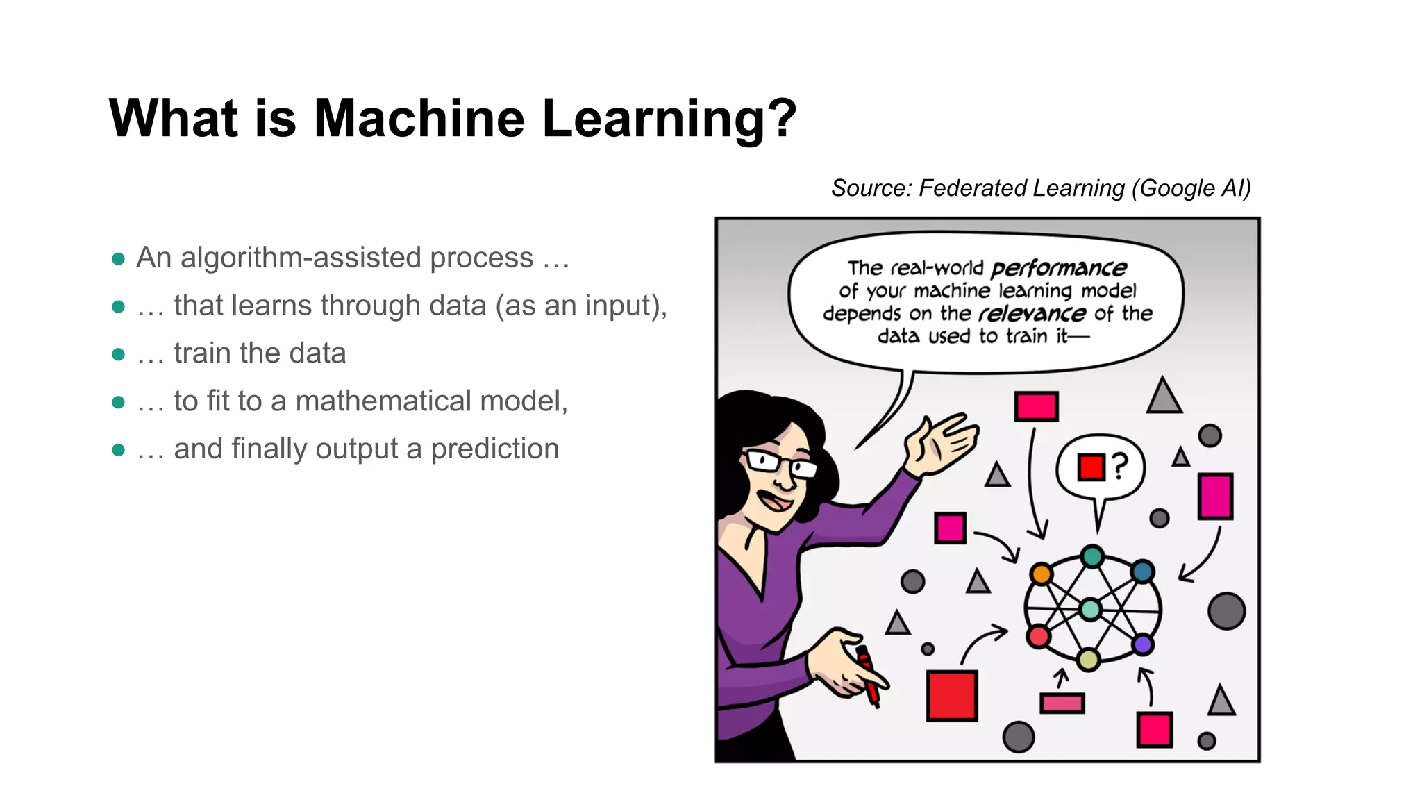 What is Machine Learning?
● An algorithm-assisted process …
● … that learns through data (as an input),
● … train the data
● … to fit to a mathematical model,
● … and finally output a prediction
Source: Federated Learning (Google AI)
 