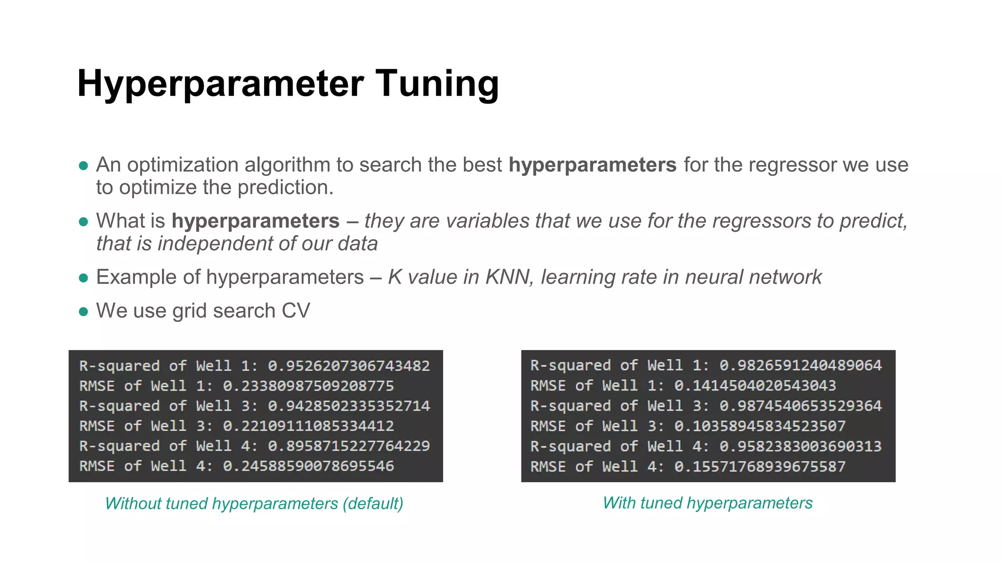 Hyperparameter Tuning
● An optimization algorithm to search the best hyperparameters for the regressor we use
to optimize the prediction.
● What is hyperparameters – they are variables that we use for the regressors to predict,
that is independent of our data
● Example of hyperparameters – K value in KNN, learning rate in neural network
● We use grid search CV
Without tuned hyperparameters (default) With tuned hyperparameters
 