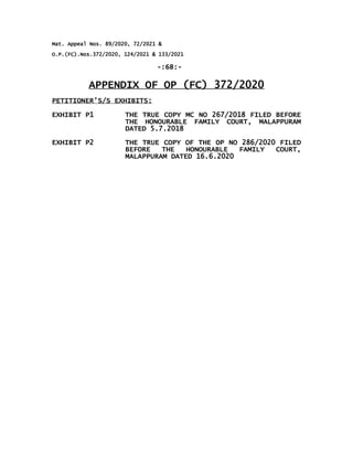 Mat. Appeal Nos. 89/2020, 72/2021 &
O.P.(FC).Nos.372/2020, 124/2021 & 133/2021
-:68:-
APPENDIX OF OP (FC) 372/2020
PETITIONER'S/S EXHIBITS:
EXHIBIT P1 THE TRUE COPY MC NO 267/2018 FILED BEFORE
THE HONOURABLE FAMILY COURT, MALAPPURAM
DATED 5.7.2018
EXHIBIT P2 THE TRUE COPY OF THE OP NO 286/2020 FILED
BEFORE THE HONOURABLE FAMILY COURT,
MALAPPURAM DATED 16.6.2020
 
