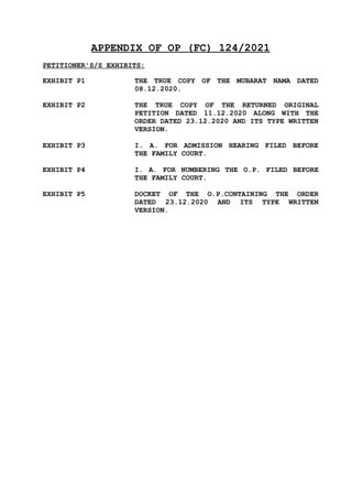 APPENDIX OF OP (FC) 124/2021
PETITIONER'S/S EXHIBITS:
EXHIBIT P1 THE TRUE COPY OF THE MUBARAT NAMA DATED
08.12.2020.
EXHIBIT P2 THE TRUE COPY OF THE RETURNED ORIGINAL
PETITION DATED 11.12.2020 ALONG WITH THE
ORDER DATED 23.12.2020 AND ITS TYPE WRITTEN
VERSION.
EXHIBIT P3 I. A. FOR ADMISSION HEARING FILED BEFORE
THE FAMILY COURT.
EXHIBIT P4 I. A. FOR NUMBERING THE O.P. FILED BEFORE
THE FAMILY COURT.
EXHIBIT P5 DOCKET OF THE O.P.CONTAINING THE ORDER
DATED 23.12.2020 AND ITS TYPE WRITTEN
VERSION.
 