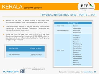 2323
Kerala has 18 ports, of which, Cochin is the major one.
Furthermore, there are three intermediate and 14 minor ports.
The development activities of the port are taken care of by the
Department of Ports, Harbour Engineering Department and
Harbour Engineering Department.
Under the 12th Five Year Plan from 2012 to 2017, the State
Government approved an investment of US$ 364.9 million for
development of port infrastructure facilities for handling cargo
and passenger transport.
Source: Cochin Port Trust, Kerala Ports,
Kerala Budget 2016-17
For updated information, please visit www.ibef.org
PHYSICAL INFRASTRUCTURE – PORTS … (1/4)
KERALA GOD'S OWN COUNTRY
Existing ports
Major ports • Cochin
Intermediate ports
• Neendakara
• Alappuzha
• Kozhikkode
Minor ports
• Vizhinjam
• Valiyathura
• Vadakara
• Ponnani
• Thankasserry
• Kayamkulam
• Manakkodam
• Munambam
• Beypore
• Thalasserry
• Manjeswaram
• Neeleswaram
• Kannur
• Azhikkal
• Kasaragode
OCTOBER 2016
Sub Sectors Budget 2016-17
Port department US$ 19.24 million
 