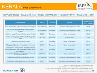 3232
Project name Sector PPP type Status
Project cost
(US$ million)
Road Upgradation (Thiruvananthapuram) Project (BOT) Annuity Transport Operation and maintenance stage 16.05
LNG Port & Terminal Facility (Puthuvypeen)
Project
(BOT) Annuity Transport Operation and maintenance stage 565.49
Multi-User Liquid Terminal (Puthuvypeen) Project (BOLT) Transport Under construction 25.98
Clinker handling jetty at Azhicode/Kodungallur
Port
(BOOT) Transport Not available 7.64
Ponnani Port Project - Phase I (BOT) Transport Under construction 116.61
Vallarpadam Container Transhipment Terminal (BOT) Transport Under construction 489.07
Development and operation of an international
ship repair facility at W/island with private sector
participation
(BOT) Transport Not available 76.42
International Container Transhipment Terminal
(Cochin Port) Project
(DBFOT) Transport Under construction 323.70
Trivandrum City Road Improvement Project (BOT) Annuity Transport Operation and maintenance stage 53.03
Tindivanam to Ulunderpret on NH-45 Road (BOT) Transport Operation and maintenance stage 73.36
Source: DEA, Ministry of Finance, Government of India
BOT: Build-Operate-Transfer, BOLT: Build-Own-Lease-Transfer
BOOT: Build-Own-Operate-Transfer, DBFOT: Design-Build-Finance-Operate-Transfer,
For updated information, please visit www.ibef.org
DEVELOPMENT PROJECTS: KEY PUBLIC-PRIVATE PARTNERSHIP (PPP) PROJECTS … (1/2)
KERALA GOD'S OWN COUNTRY
OCTOBER 2016
 