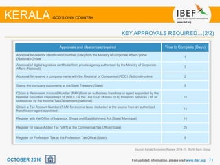 7171For updated information, please visit www.ibef.org
KERALA GOD'S OWN COUNTRY
KEY APPROVALS REQUIRED…(2/2)
Approvals and clearances required Time to Complete (Days)
Approval for director identification number (DIN) from the Ministry of Corporate Affairs portal
(National)-Online
1
Approval of digital signature certificate from private agency authorized by the Ministry of Corporate
Affairs (National)
3
Approval for reserve a company name with the Registrar of Companies (ROC) (National)-online 2
Stamp the company documents at the State Treasury (State) 5
Obtain a Permanent Account Number (PAN) from an authorised franchise or agent appointed by the
National Securities Depository Ltd (NSDL) or the Unit Trust of India (UTI) Investors Services Ltd, as
outsourced by the Income Tax Department (National)
15
Obtain a Tax Account Number (TAN) for income taxes deducted at the source from an authorized
franchise or agent appointed
14
Register with the Office of Inspector, Shops and Establishment Act (State/ Municipal) 14
Register for Value-Added Tax (VAT) at the Commercial Tax Office (State) 25
Register for Profession Tax at the Profession Tax Office (State) 9
Source: Kerala Economic Review 2014-15, World Bank Group
OCTOBER 2016
 