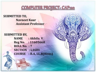 SUBMITTED TO,
Navneet Kaur
Assistant Professor
SUBMITTED BY,
NAME : Akhila. V
Reg No. : 11605668
ROLL No. : 7
SECTION : L1...