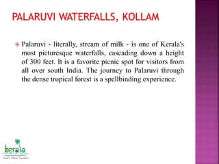  Palaruvi - literally, stream of milk - is one of Kerala's
most picturesque waterfalls, cascading down a height
of 300 feet. It is a favorite picnic spot for visitors from
all over south India. The journey to Palaruvi through
the dense tropical forest is a spellbinding experience.
 